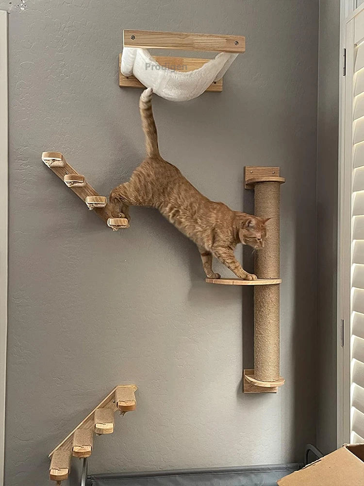 Wall-Mounted Cat Climbing Shelf with Sisal Rope Scratching Post Set