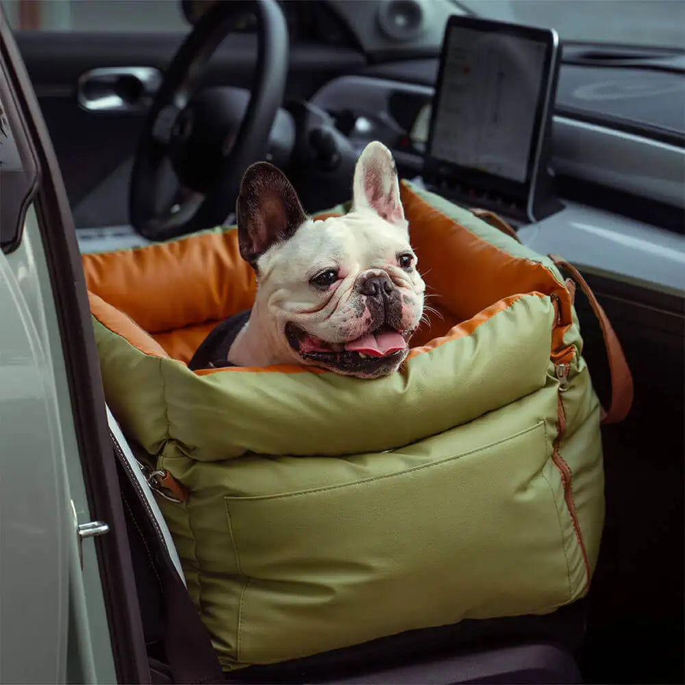 Vintage Denim Patchwork Dog Car Seat Bed with Safety Bolster – Portable & Secure Pet Travel Seat