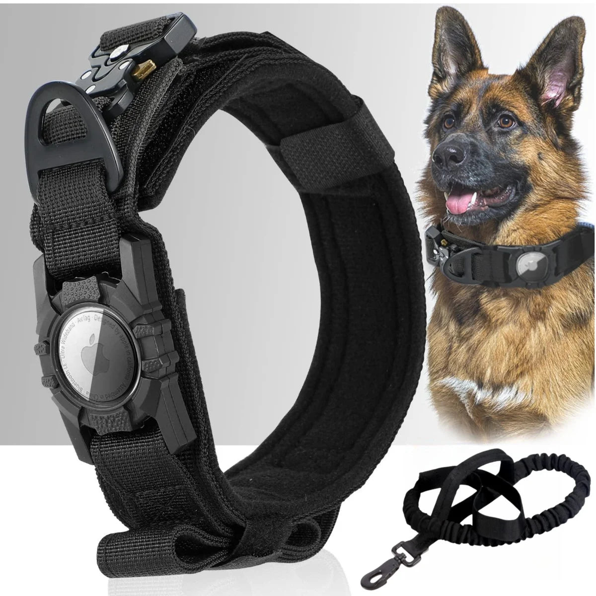 AirTag Tactical Dog Collar with Holder & Handle – Military-Grade Metal Buckle