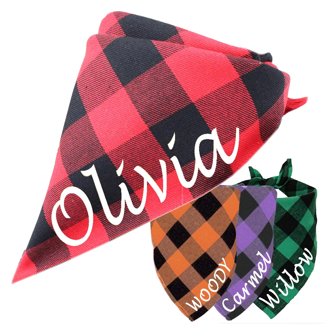 Personalized Plaid Pet Bandana – Custom Name & ID for Dogs