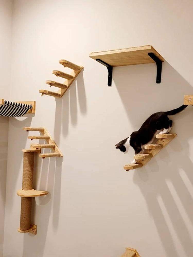 Wall-Mounted Cat Climbing Shelf with Sisal Rope Scratching Post Set