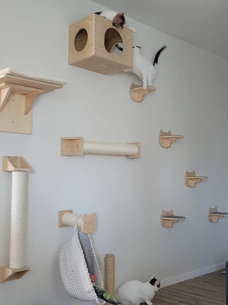 Wall-Mounted Cat Climbing Shelf with Sisal Rope Scratching Post Set