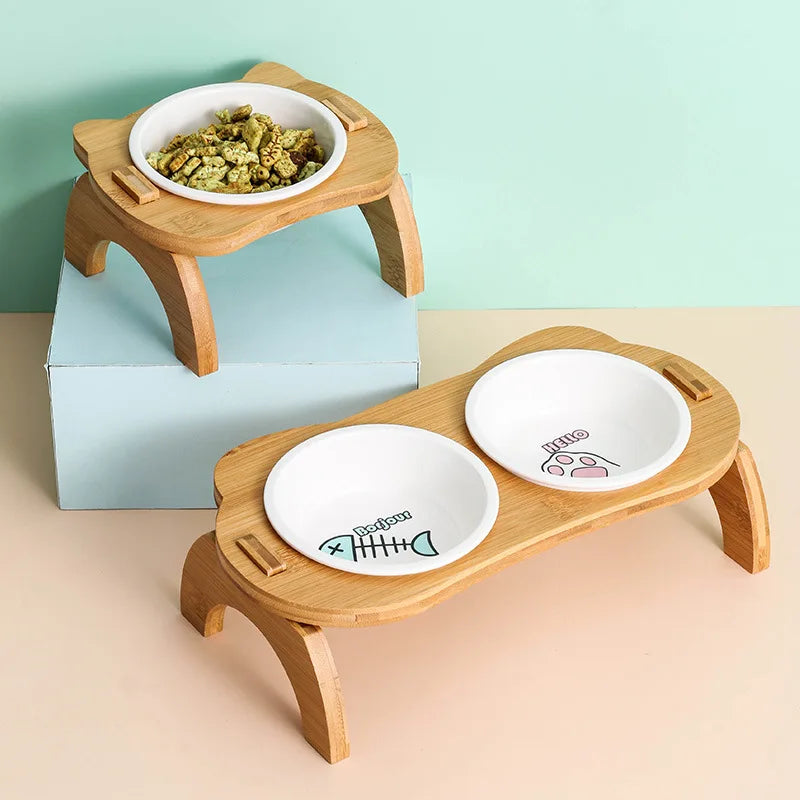 Elevated Bamboo Food Bowls for Cats, Anti-Leak Pet Food and Water Feeder 🐱🌿