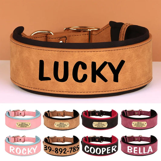 Wide Personalized PU Leather Dog Collar - Custom Tag Collars