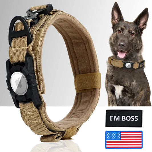 AirTag Tactical Dog Collar with Holder & Handle – Military-Grade Metal Buckle