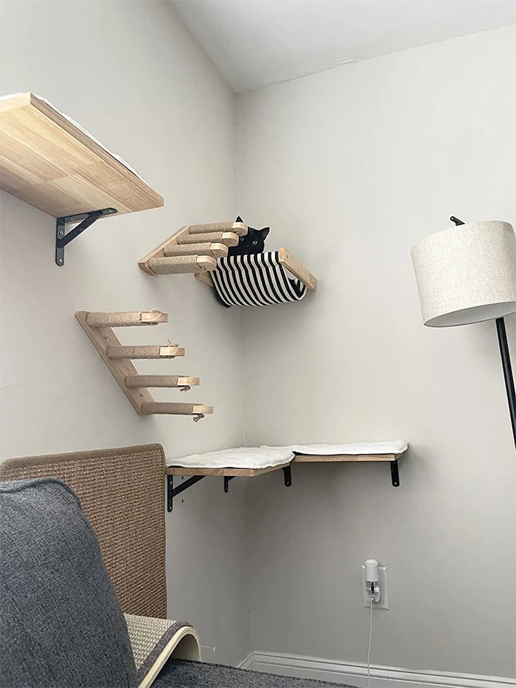 Wall-Mounted Cat Climbing Shelf with Sisal Rope Scratching Post Set